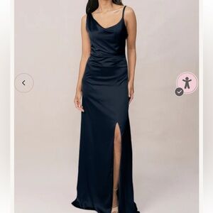 Revelry Navy Satin Cowl Neck Maxi Dress with Thigh Slit